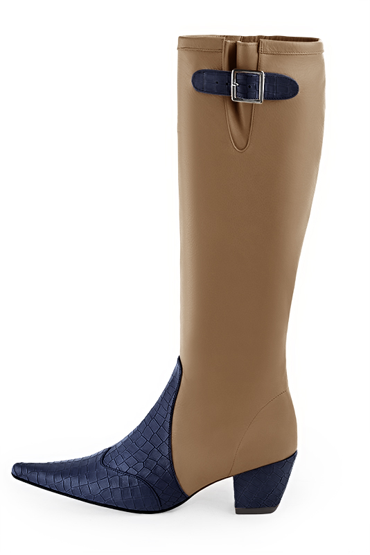 Navy blue and camel beige women's knee-high boots with buckles. Pointed toe. Medium cone heels. Made to measure. Profile view - Florence KOOIJMAN
